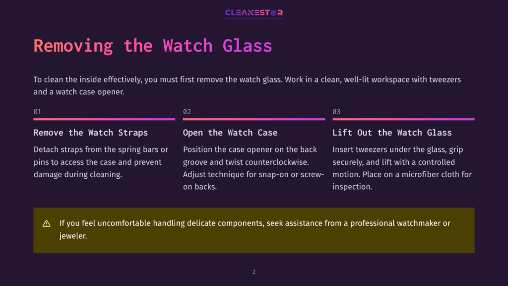 Infographic Detailing How To Remove A Watch Glass, With Numbered Steps: 1. Remove The Watch Straps, 2. Open The Watch Case, 3. Lift Out The Watch Glass. A Warning Icon Is Present.