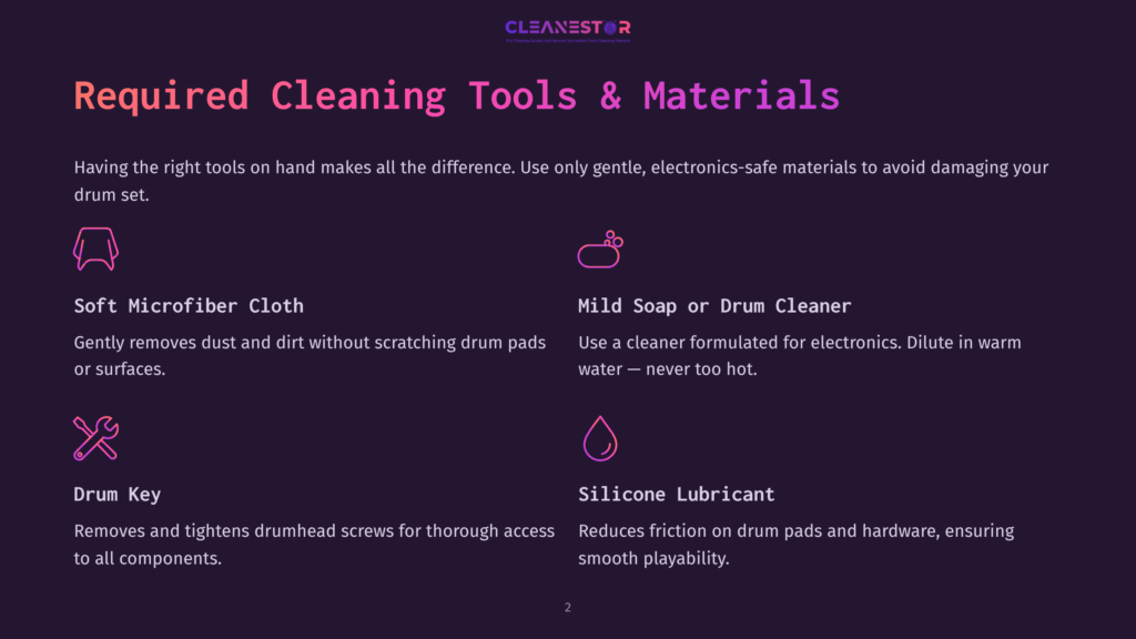 2 Required Cleaning Tools And Materials Infographic Titled &Quot;Required Cleaning Tools &Amp; Materials&Quot; Listing Soft Microfiber Cloth, Mild Soap Or Drum Cleaner, Drum Key, And Silicone Lubricant For Drum Set Maintenance.