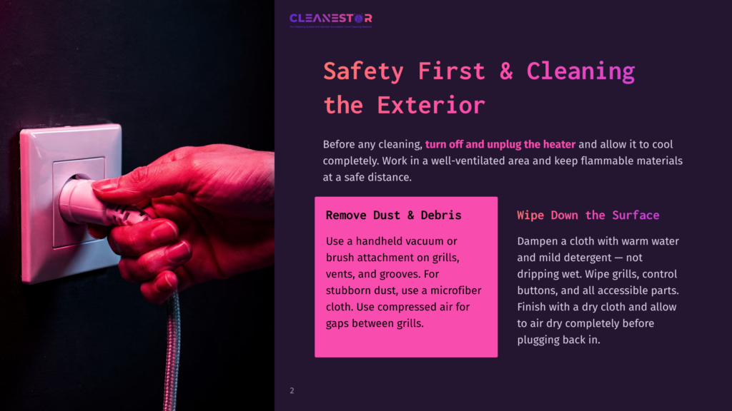 Close-Up Of A Hand Plugging A White Electrical Cord Into A White Wall Outlet, With A Red And Pink Glow Over The Hand And Cord. Text Overlay Reads: &Quot;Cleanestor&Quot;, &Quot;Safety First &Amp; Cleaning The Exterior&Quot;, &Quot;Remove Dust &Amp; Debris&Quot;, And &Quot;Wipe Down The Surface&Quot;.