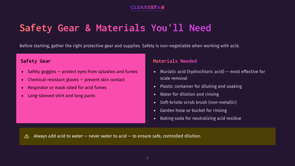 A Dark Purple Background Displays A Slide Titled &Quot;Safety Gear &Amp; Materials You'Ll Need.&Quot; The Left Side Lists Safety Gear: Goggles, Chemical-Resistant Gloves, Respirator/Mask, And Long-Sleeved Shirt/Pants. The Right Side Lists Materials: Muriatic Acid, Plastic Container, Water, Soft-Bristle Brush, Garden Hose, And Baking Soda. A Yellow Banner At The Bottom Warns, &Quot;Always Add Acid To Water — Never Water To Acid — To Ensure Safe, Controlled Dilution.