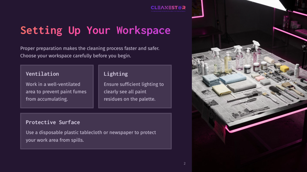 A Workspace Set Up For Cleaning With Various Cleaning Supplies, Brushes, And Cloths Laid Out On A Table Covered With Newspapers. The Scene Is Illuminated By Bright Pink Neon Lights.