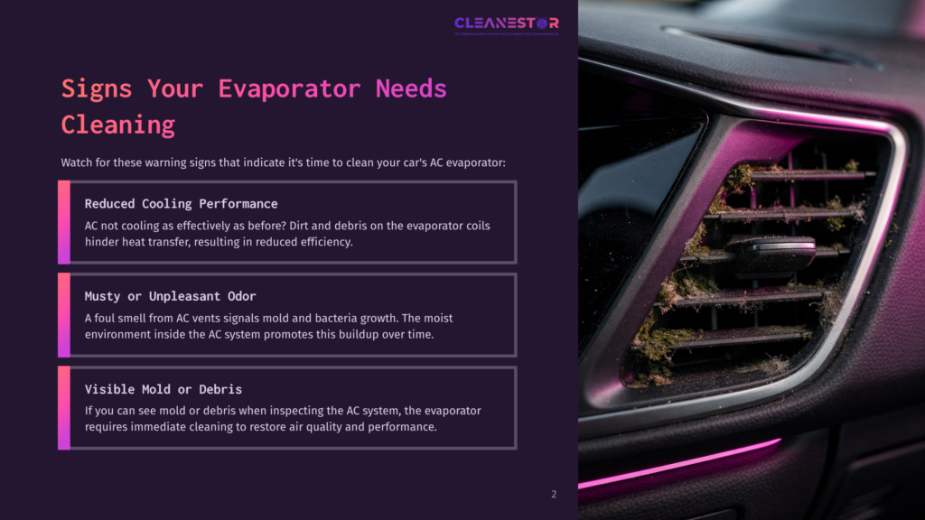 Close-Up Of A Car'S Ac Vent Clogged With Dirt And Green Mold, With Pink Ambient Lighting In The Background. Text On The Left Highlights Signs Your Car'S Evaporator Needs Cleaning.
