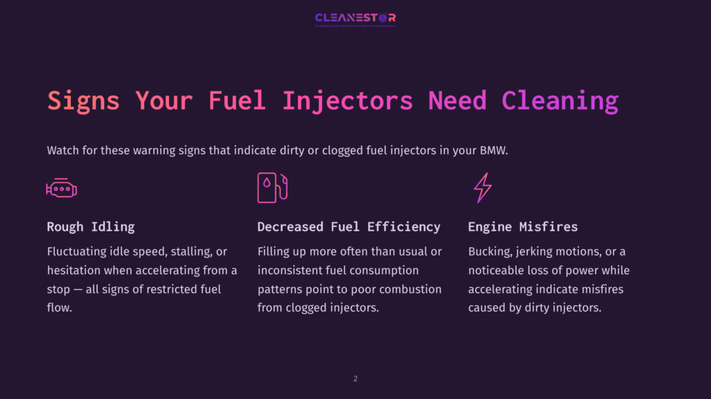 2 Signs Your Fuel Injectors Need Cleaning 1 A Dark Purple Slide With The Title &Quot;Signs Your Fuel Injectors Need Cleaning&Quot; Lists Three Warning Signs: Rough Idling, Decreased Fuel Efficiency, And Engine Misfires, With Icons For Each.