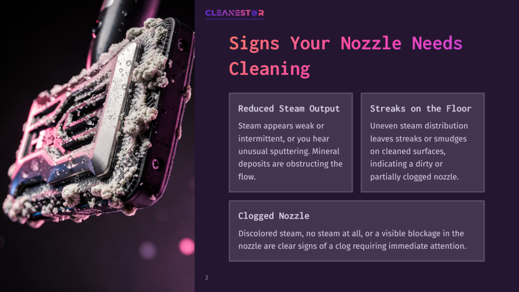 Cleanestor&Quot; Logo At The Top Of A Slide Discussing &Quot;Signs Your Nozzle Needs Cleaning.&Quot; The Main Image Shows A Close-Up Of A Dirty, Clogged Steam Mop Nozzle With Mineral Deposits And Water Droplets.