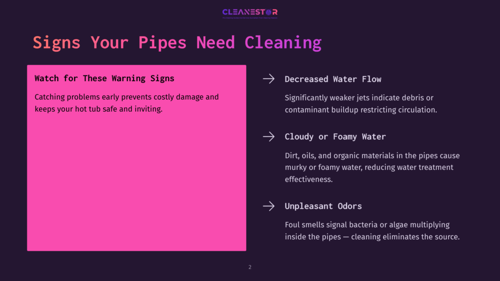 A Dark Purple Slide With The Title &Quot;Signs Your Pipes Need Cleaning.&Quot; On The Left, A Pink Box Lists &Quot;Watch For These Warning Signs&Quot; And Details The Benefits Of Early Detection. On The Right, Three Bullet Points With Icons Describe &Quot;Decreased Water Flow,&Quot; &Quot;Cloudy Or Foamy Water,&Quot; And &Quot;Unpleasant Odors.