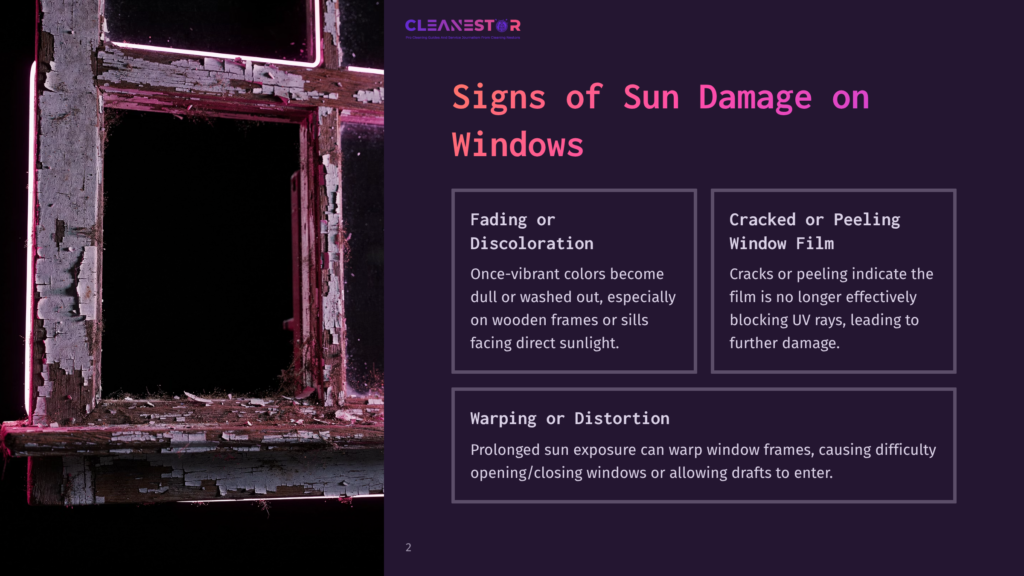 2 Signs Of Sun Damage On Windows Close-Up Of A Neglected, Weathered Window Frame With Peeling Pink And White Paint, Showing Signs Of Sun Damage. Text Overlay Reads &Quot;Cleanestor&Quot; And &Quot;Signs Of Sun Damage On Windows.