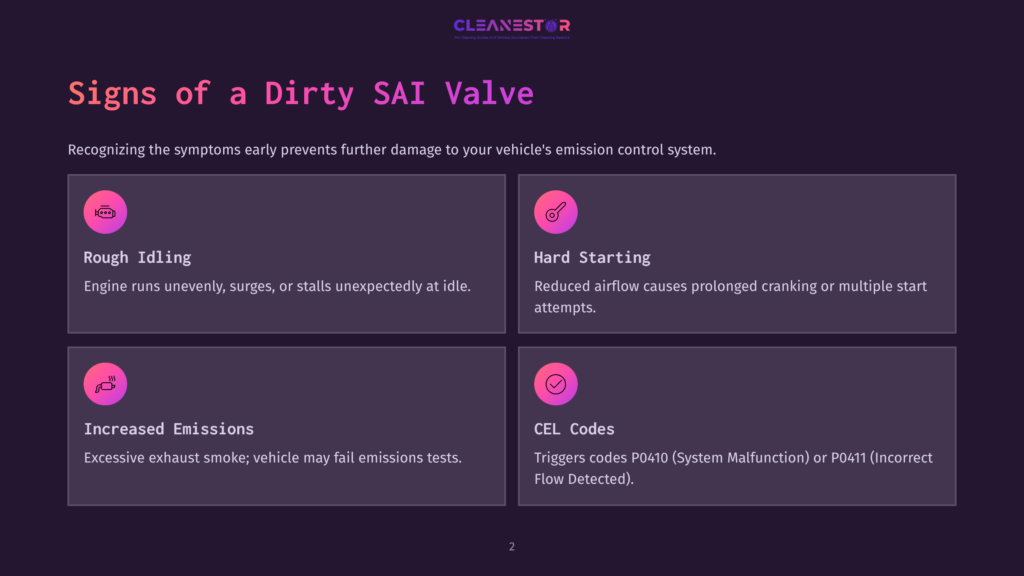 Infographic Detailing Signs Of A Dirty Sai Valve: Rough Idling, Hard Starting, Increased Emissions, And Cel Codes P0400/P0411.