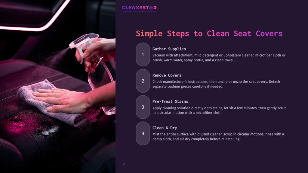 Cleanestor Guide To Cleaning Car Seat Covers: Spray Bottle, Microfiber Cloth, And Hand Cleaning A Dark Car Seat.