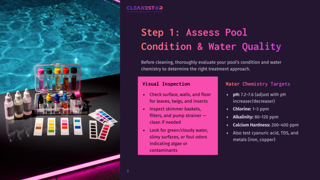 A Pool Water Testing Kit With Vials Of Colored Liquid And Test Strips Sits Next To A Slide Presentation Titled &Quot;Step 1: Assess Pool Condition &Amp; Water Quality&Quot; With Text About Visual Inspection And Water Chemistry Targets Like Ph, Chlorine, And Alkalinity.