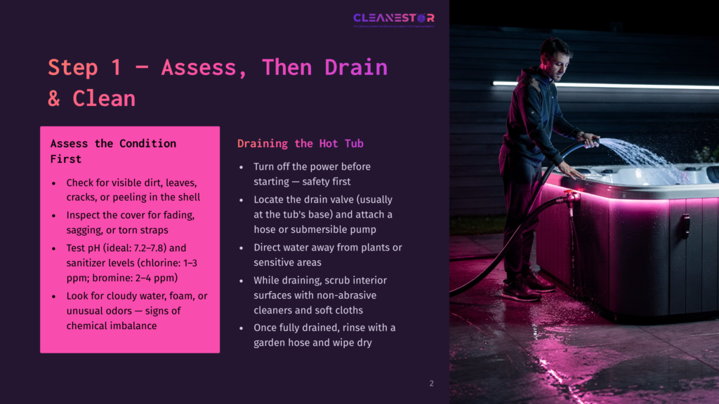 Man Draining A Hot Tub With A Hose, Pink Led Lights Glowing Around The Tub. Text Overlay: &Quot;Step 1 - Assess, Then Drain &Amp; Clean&Quot; And &Quot;Draining The Hot Tub&Quot;.