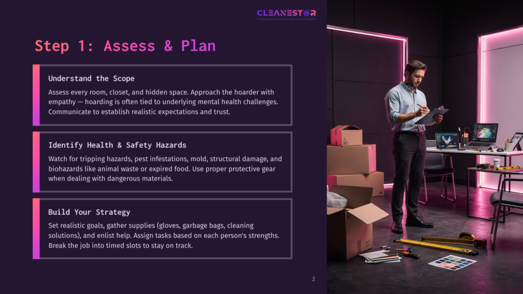 2 Step 1 Assess And Plan A Man In A Blue Shirt And Dark Pants Stands In A Cluttered Room, Holding A Clipboard And Pen, Assessing A Pile Of Boxes And Belongings. The Room Is Dimly Lit, With A Large Pink Light Fixture In The Background. Text On The Left Reads &Quot;Step 1: Assess &Amp; Plan&Quot;.