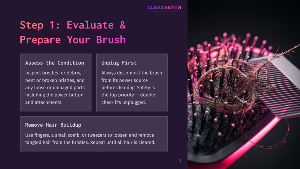 Close-Up Of A Tangled Hairbrush With A Comb, Showing A Buildup Of Hair And Debris On The Bristles. The Image Is Lit With A Pinkish-Purple Glow.