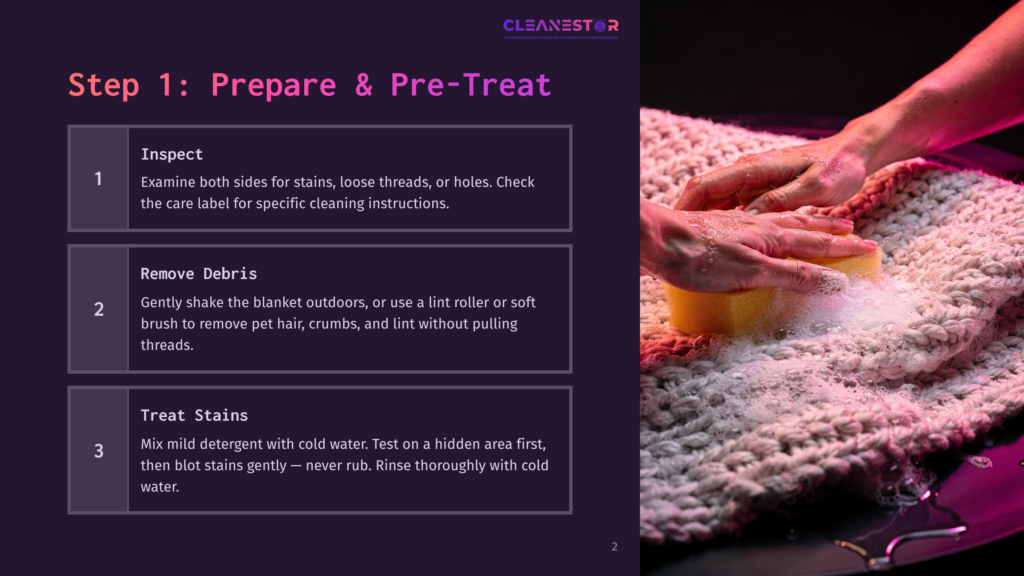 Step 1: Prepare &Amp; Pre-Treat. Hands Gently Wash A Thick, Cream-Colored Knitted Blanket With A Yellow Sponge And White Suds In A Dark Basin.