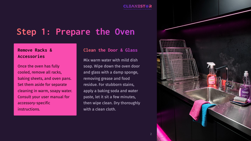 Cleanestor Logo On A Dark Purple Background With Text &Quot;Step 1: Prepare The Oven&Quot; And Instructions For Cleaning Oven Racks And Accessories. A Kitchen Sink With Cleaning Supplies Is Visible On The Right.