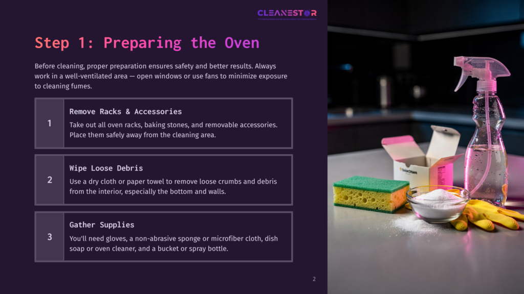 Step 1: Preparing The Oven Instructions With Cleaning Supplies Including Gloves, Sponges, And A Spray Bottle.