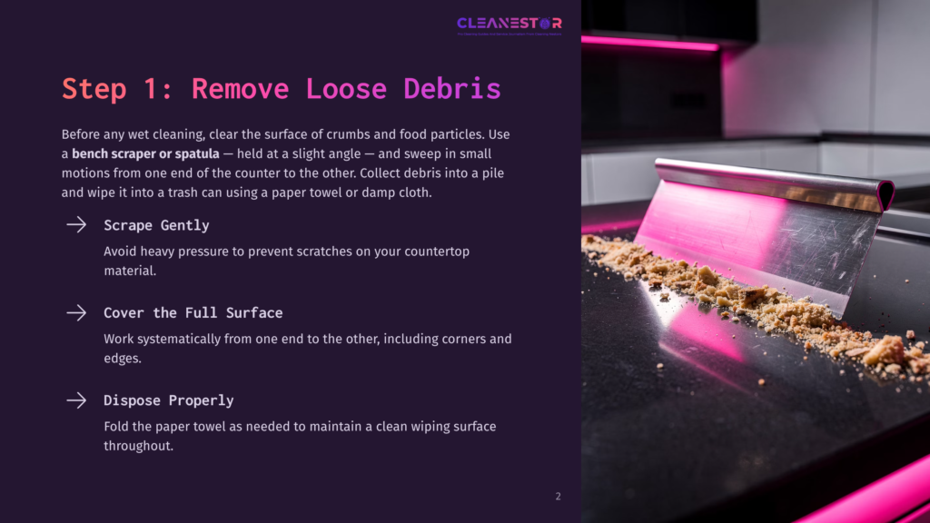 2 Step 1 Remove Loose Debris A Close-Up Of A Stainless Steel Bench Scraper With A Pink Handle, Used To Scrape Crumbs And Food Particles From A Black Granite Countertop. The Scraper Is Positioned At An Angle, With A Pile Of Crumbs In Front Of It, Illustrating The &Quot;Remove Loose Debris&Quot; Step Of Cleaning.