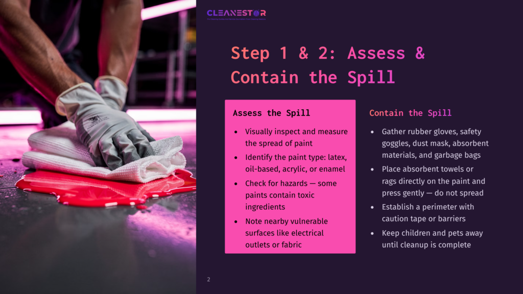 A Person In White Gloves Cleans Up A Bright Red Paint Spill On A Dark, Reflective Surface, With The Text &Quot;Step 1 &Amp; 2: Assess &Amp; Contain The Spill&Quot; Visible.