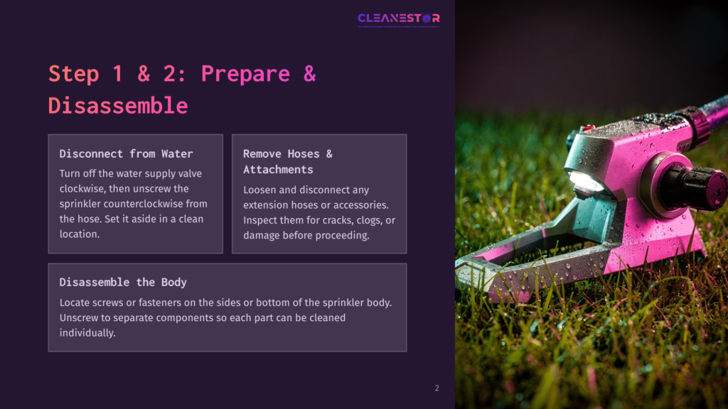 Step 1 &Amp; 2: Prepare &Amp; Disassemble A Pink And Silver Lawn Sprinkler On Wet Grass. Instructions For Disconnecting, Removing Hoses, And Disassembling The Body Are Displayed.