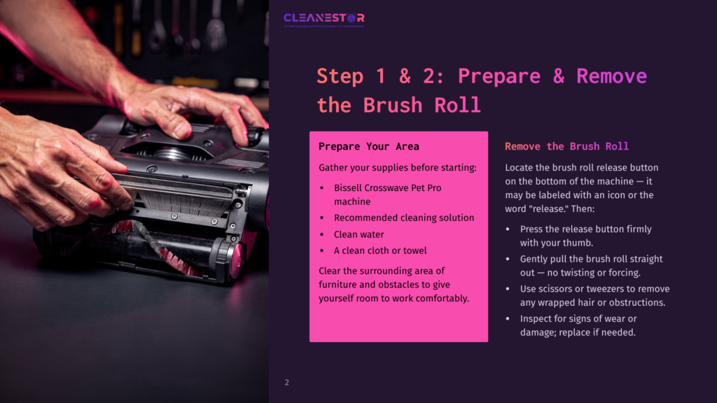 2 Step 1 And 2 Prepare And Remove The Brush Roll A Person In A Workshop Setting Is Seen Removing The Brush Roll From A Vacuum Cleaner. They Press The Release Button And Gently Pull The Brush Roll Straight Out Without Twisting Or Forcing. The Background Includes A Black Vacuum Cleaner And A Text Overlay With Instructions On Preparing Your Area And Removing The Brush Roll.