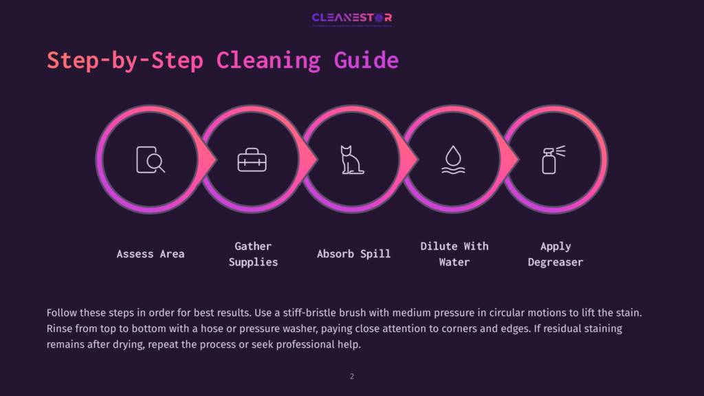 Step-By-Step Cleaning Guide Graphic With 5 Icons In A Row: Magnifying Glass, Briefcase, Cat, Water Drop, And Spray Bottle, Representing Assess Area, Gather Supplies, Absorb Spill, Dilute With Water, And Apply Degreaser.