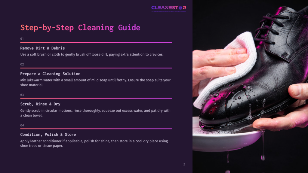 A Pair Of Hands, Wearing Gloves, Cleans A Black Leather Dress Shoe Using A White Cloth. The Shoe Is Submerged In A Bowl Of Cleaning Solution. A Text Overlay Lists Steps For Cleaning, Including &Quot;Remove Dirt &Amp; Debris&Quot; And &Quot;Condition, Polish &Amp; Store.