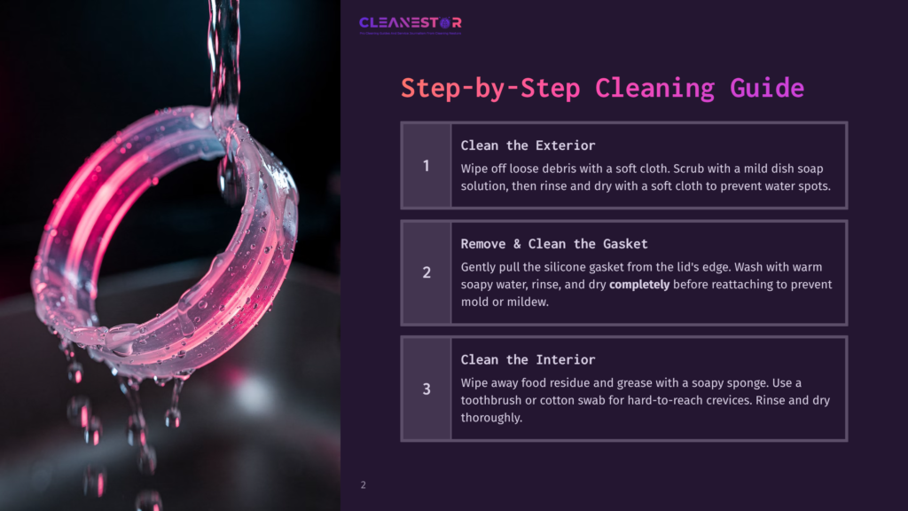 Step-By-Step Cleaning Guide For The Cleanestor Exterior, Gasket, And Interior, With Water Rinsing A Silicone Gasket.