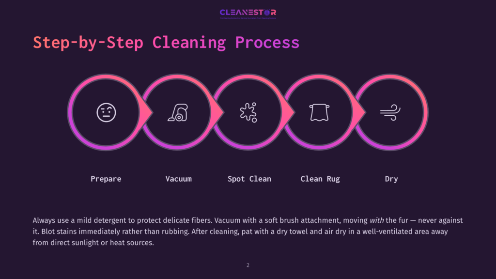 2 Step By Step Cleaning Process 2 Step-By-Step Cleaning Process Graphic With Icons For Prepare, Vacuum, Spot Clean, Clean Rug, And Dry, With Text Explaining Gentle Cleaning Methods.