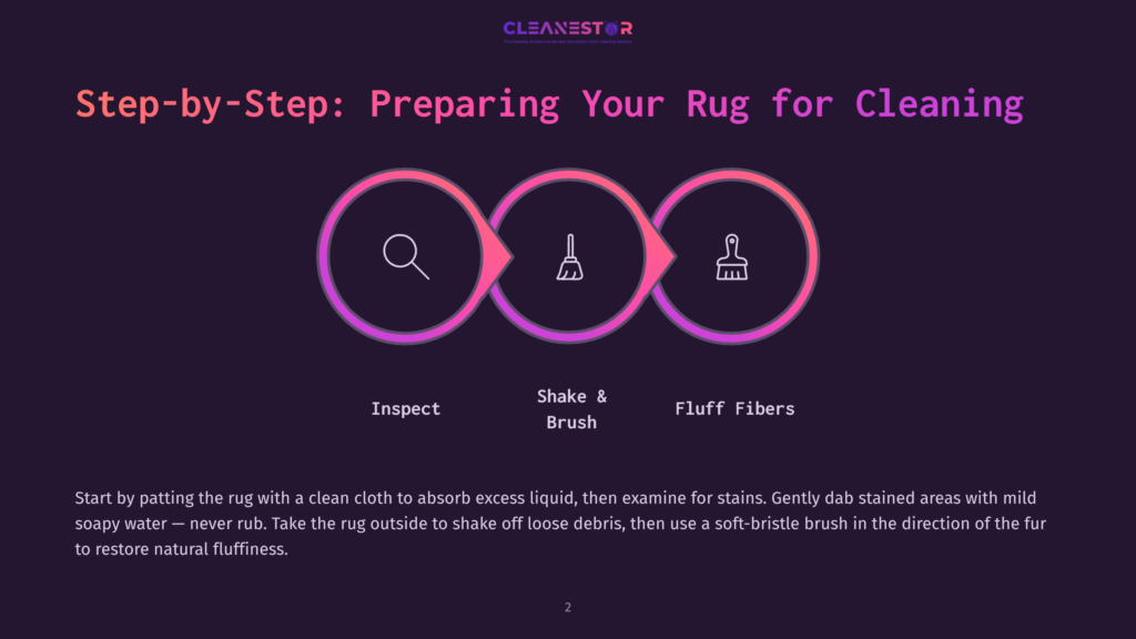 2 Step By Step Preparing Your Rug For Cleaning Infographic Showing Three Circular Steps For Rug Cleaning Preparation: Inspect, Shake &Amp; Brush, And Fluff Fibers, With Icons For Each Step. The Text &Quot;Step-By-Step: Preparing Your Rug For Cleaning&Quot; Is Prominently Displayed.