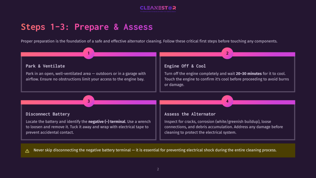 Infographic Titled &Quot;Steps 1-3: Prepare &Amp; Assess&Quot; For Alternator Cleaning, Detailing Parking, Engine Cooling, Battery Disconnection, And Alternator Inspection.