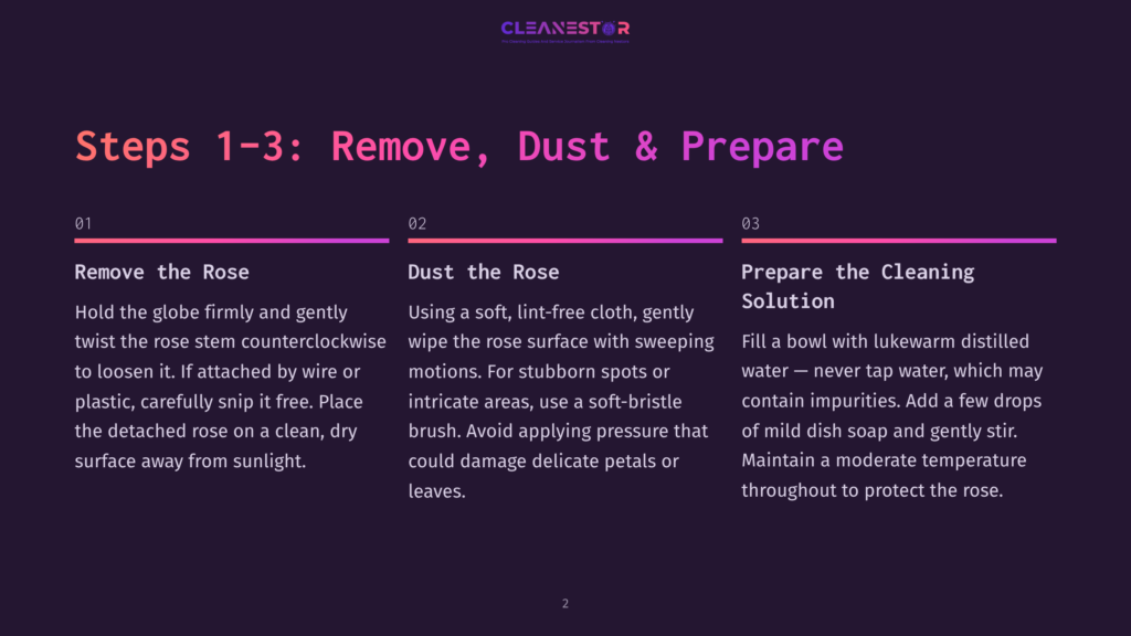 Steps 1-3: Remove, Dust &Amp; Prepare. Instructions For Cleaning A Rose, Including Holding The Globe Firmly, Dusting The Rose With A Soft Brush, And Preparing A Cleaning Solution With Lukewarm Water.