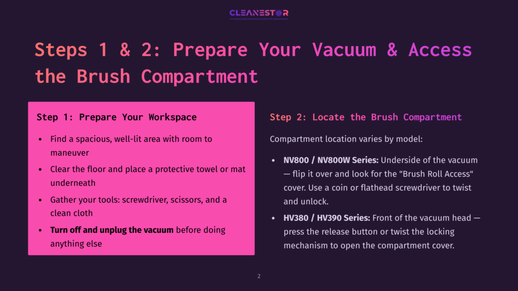 Two-Column Graphic Titled &Quot;Steps 1 &Amp; 2: Prepare Your Vacuum &Amp; Access The Brush Compartment.&Quot; Left Column, &Quot;Step 1: Prepare Your Workspace,&Quot; Lists Actions In Pink. Right Column, &Quot;Step 2: Locate The Brush Compartment,&Quot; Lists Vacuum Model Instructions In Purple.