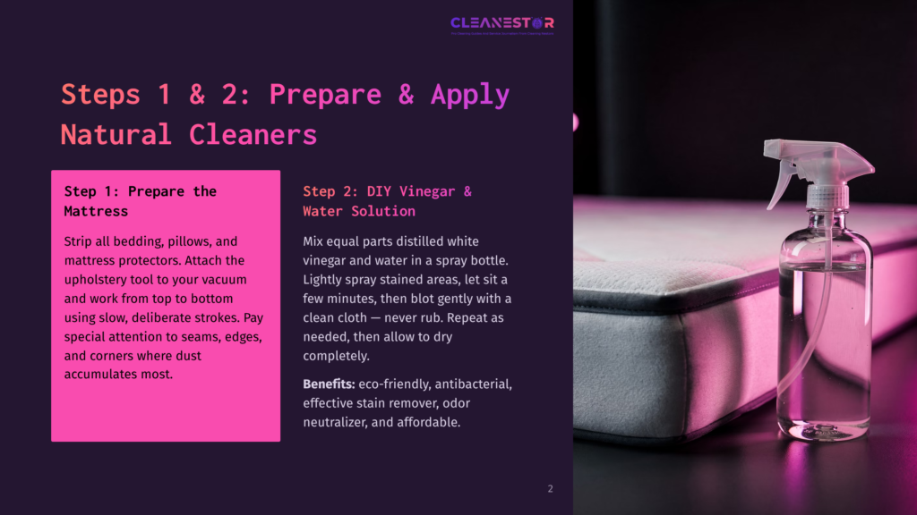 2 Steps 1 And 2 Prepare And Apply Natural Cleaners A White Spray Bottle Filled With A Clear Liquid Sits On A Clean, White Mattress. The Image Illustrates How To Prepare And Apply Natural Cleaners For Mattresses.