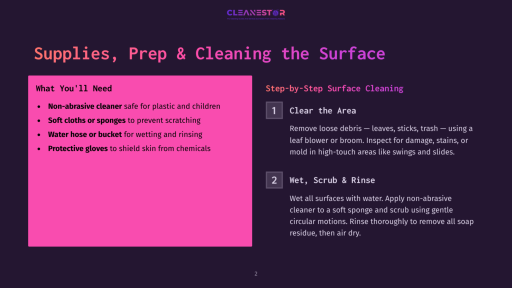 2 Supplies Prep And Cleaning The Surface A Presentation Slide Titled &Quot;Supplies, Prep &Amp; Cleaning The Surface&Quot; By Cleanestor, Detailing Cleaning Steps And Necessary Supplies Like Non-Abrasive Cleaner, Soft Cloths, And Protective Gloves.