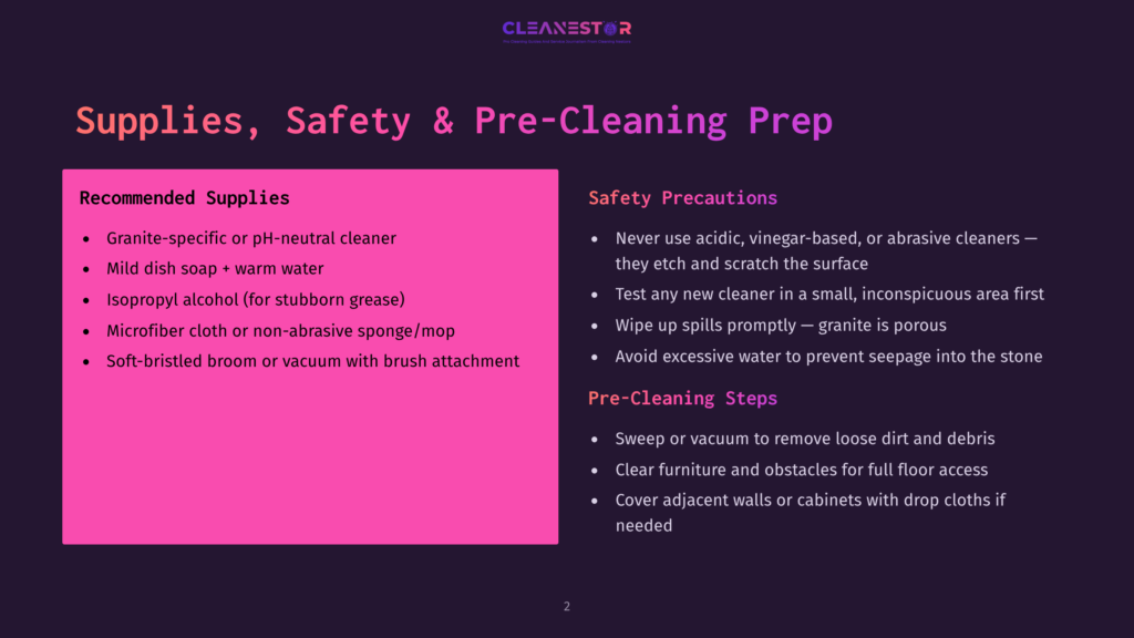 2 Supplies Safety And Pre Cleaning Prep Dark Purple Slide With &Quot;Cleanestor&Quot; Logo And Text Detailing Granite Cleaning Supplies, Safety Precautions, And Pre-Cleaning Steps. Includes Lists Of Recommended Supplies And Safety Tips.
