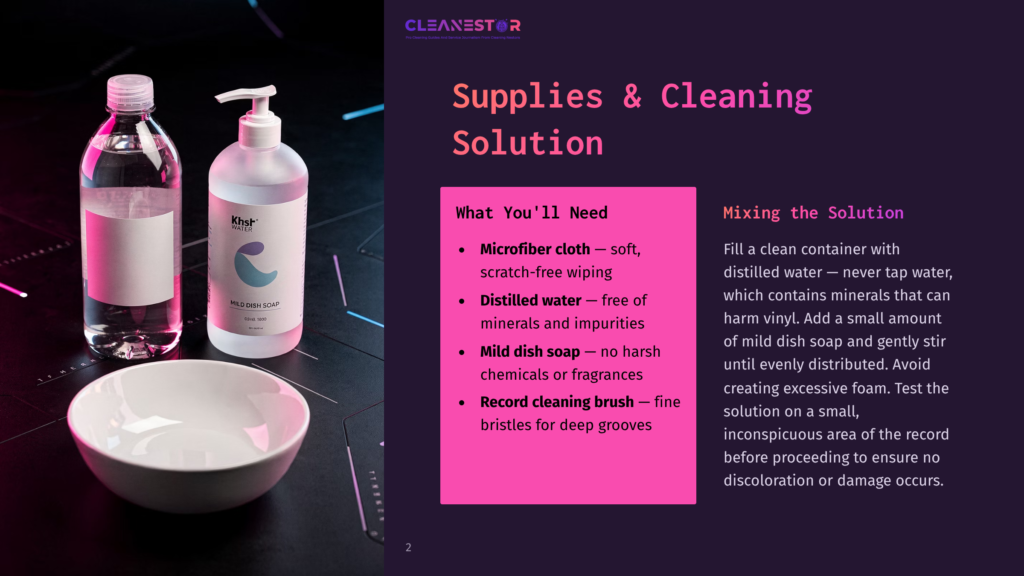 Two Bottles Of Cleaning Solution, One Clear And One White With &Quot;Mild Dish Soap&Quot; Label, Sit Next To A White Bowl. Text Reads &Quot;Cleanestor&Quot; And &Quot;Supplies &Amp; Cleaning Solution&Quot;.