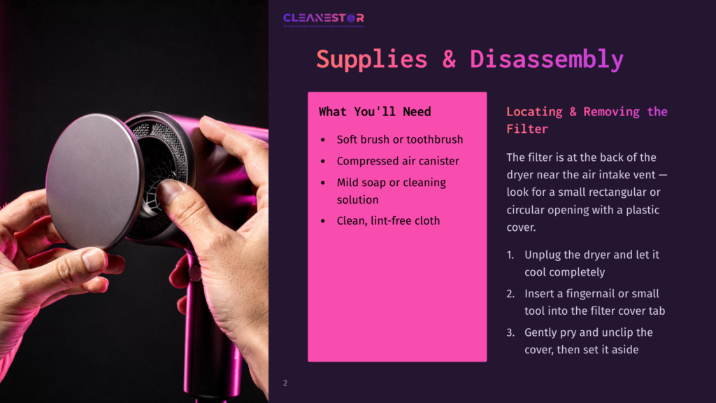 Close-Up Of A Person'S Hands Holding A Dark Gray Hairdryer, With The Back Of The Hairdryer And Its Filter Visible. Text Overlay Reads &Quot;Supplies &Amp; Disassembly&Quot; And &Quot;What You'Ll Need&Quot;.