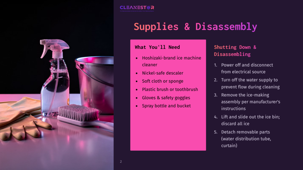 Supplies &Amp; Disassembly: Hoshizaki Ice Machine Cleaner, Nickel-Safe Descaler, Soft Cloth, Sponge, Toothbrush, Gloves, Safety Goggles, And Spray Bottle For Cleaning.