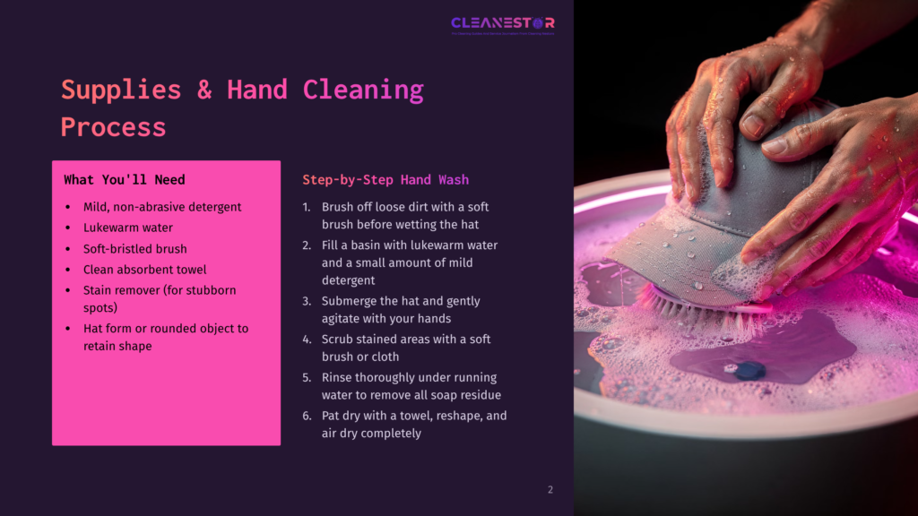 2 Supplies And Hand Cleaning Process Close-Up Of Hands Gently Scrubbing A Grey Baseball Cap With A Soft-Bristled Brush In A Basin Filled With Soapy, Pink-Tinted Water. The Image Illustrates The &Quot;Supplies &Amp; Hand Cleaning Process&Quot; For Hats.