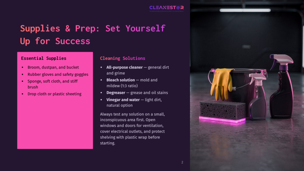2 Supplies And Prep Set Yourself Up For Success An Infographic Displays A Table With Essential Cleaning Supplies Like Brooms And Sponges, Alongside Cleaning Solutions Such As All-Purpose Cleaner And Bleach Solution.
