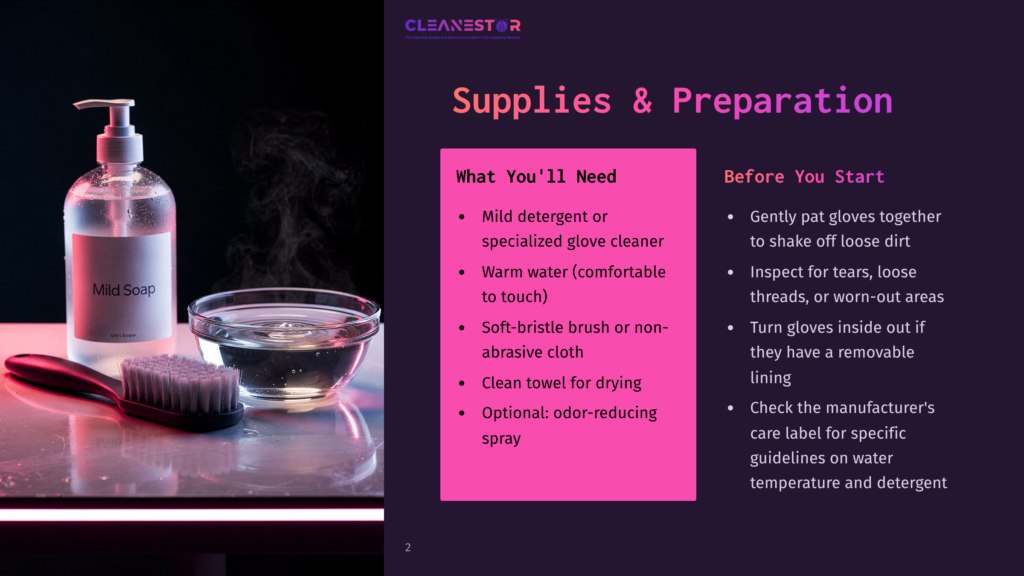 Mild Soap Dispenser, Soft Brush, And Bowl Of Warm Water For Glove Cleaning. The Image Also Shows Text: &Quot;Cleanestor&Quot;, &Quot;Supplies &Amp; Preparation&Quot;, &Quot;What You'Ll Need&Quot;, And &Quot;Before You Start&Quot;.