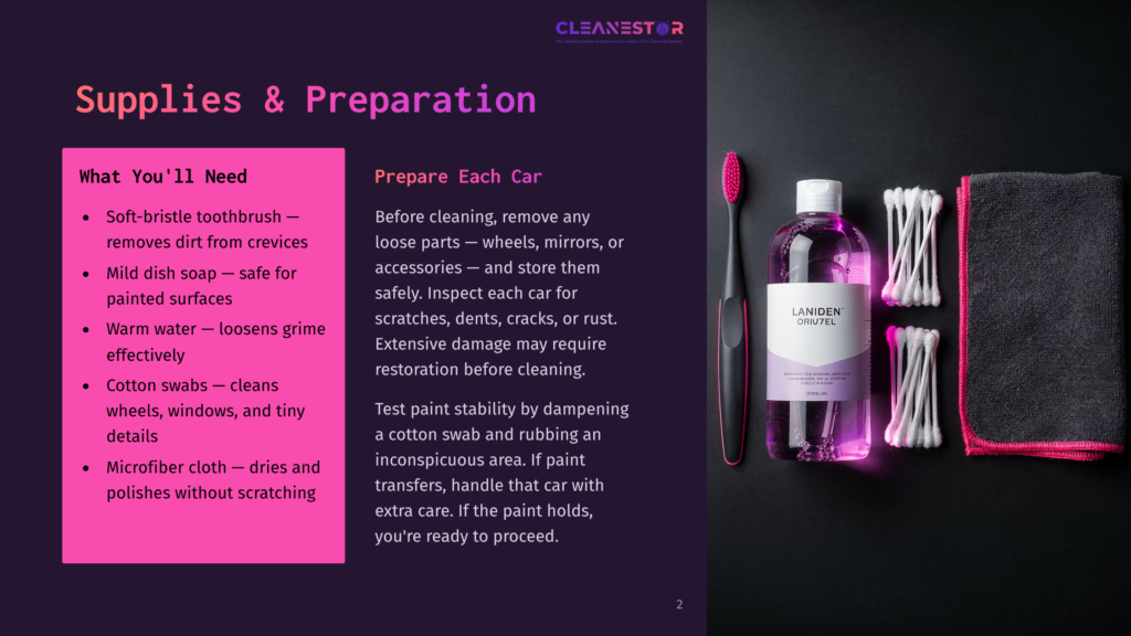Car Cleaning Supplies Including A Toothbrush, Cotton Swabs, And A Bottle Of Laniden Orijel Cleaner Are Laid Out On A Dark Surface Next To A Microfiber Cloth.