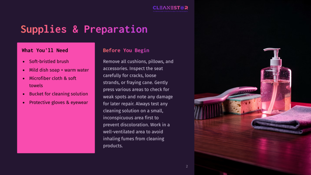 2 Supplies And Preparation 4 Cleaning Supplies For Upholstery: A Spray Bottle Of Pink Liquid, A Scrub Brush, A Sponge, And A Gray Microfiber Cloth On A Dark Wooden Surface.