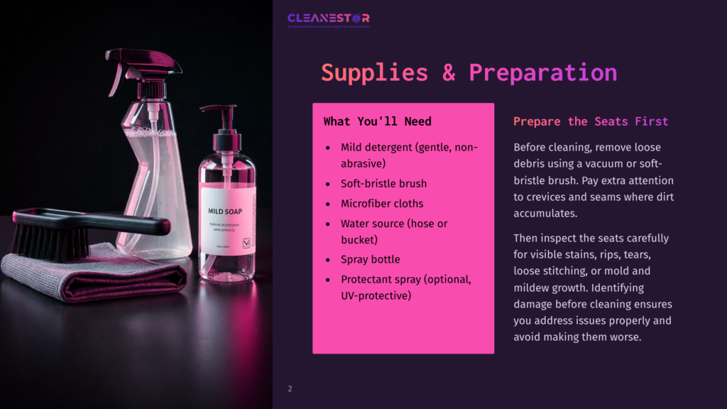 Cleaning Supplies For Car Seats: A Spray Bottle With Cleaning Solution, A Bottle Of Mild Soap, A Microfiber Cloth, And A Soft-Bristle Brush. The Text &Quot;Cleanestor&Quot; Is Visible.