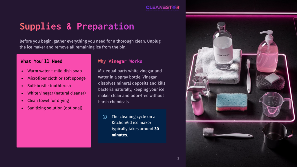 A Kitchen Counter Displays Cleaning Supplies For A Kitchenaid Ice Maker: A Bottle Of White Vinegar, A Spray Bottle, A Toothbrush, A Sponge, A Microfiber Cloth, And A Measuring Cup. Neon Pink Outlines Highlight The Supplies.