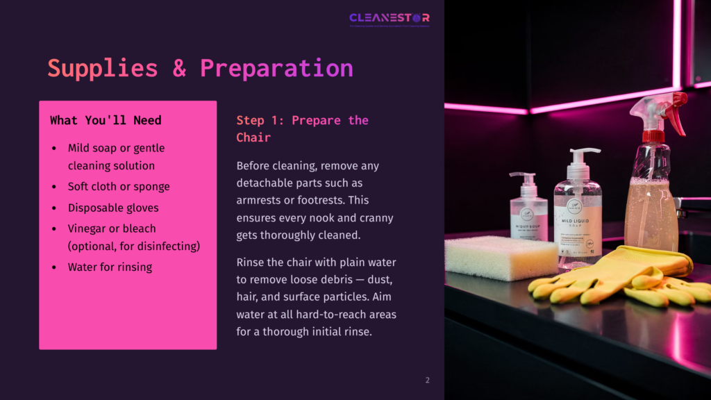 Cleaning Supplies For A Chair: Mild Soap, Soft Cloth, Disposable Gloves, Vinegar, And Water. Includes A Spray Bottle, Yellow Gloves, And Sponges On A Dark Surface.