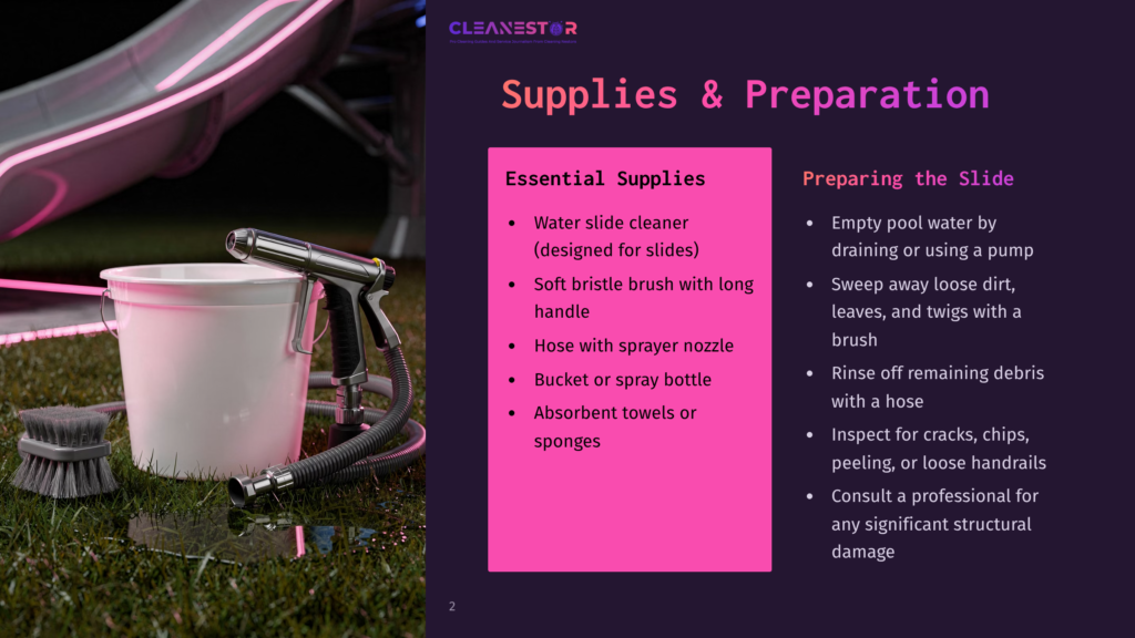 Cleaning Supplies For A Water Slide: A Bucket, A Spray Nozzle, A Brush, And A Hose, Laid Out On Green Grass Next To A Pink Waterslide. Text Reads &Quot;Cleanestor&Quot; And &Quot;Supplies &Amp; Preparation&Quot;.