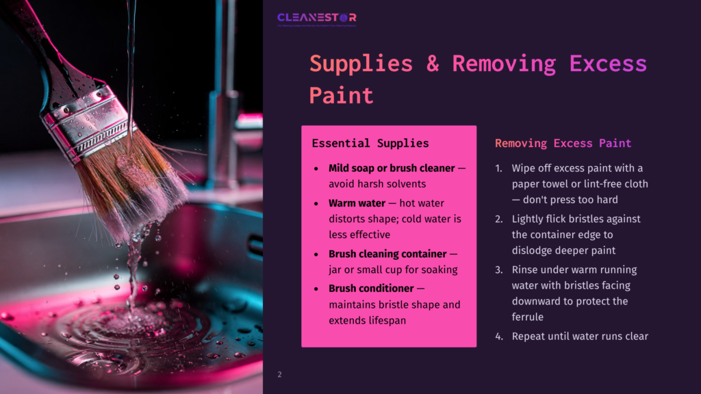 A Paintbrush With Bristles Wet With Pink Water Is Held Over A Stainless Steel Sink, With Water Droplets Falling. The Image Showcases Cleaning Supplies And Paint Removal Techniques.