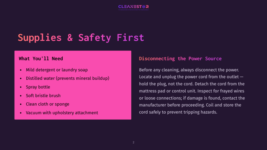 Supplies &Amp; Safety First: Mild Detergent, Distilled Water, Spray Bottle, Soft Bristle Brush, Clean Cloth, And Upholstery Attachment For Cleaning.