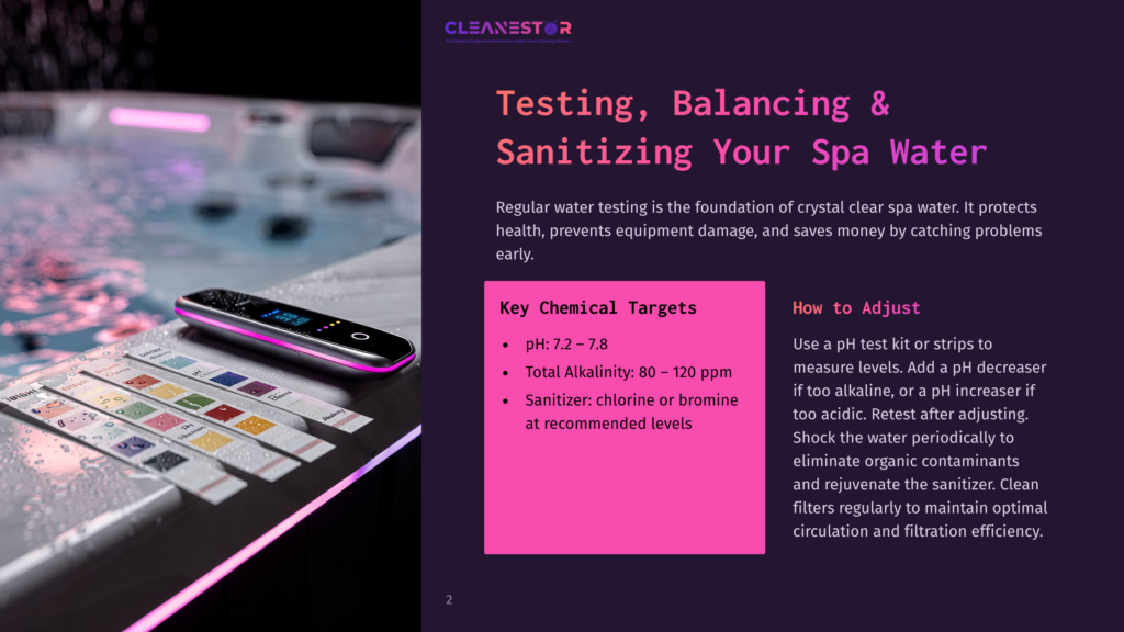 A Spa Water Testing Kit Sits On A Table Near A Hot Tub, With A Focus On Ph And Alkalinity Levels. A Colorful Background Displays The Importance Of Maintaining These Chemical Targets For Crystal Clear Spa Water.