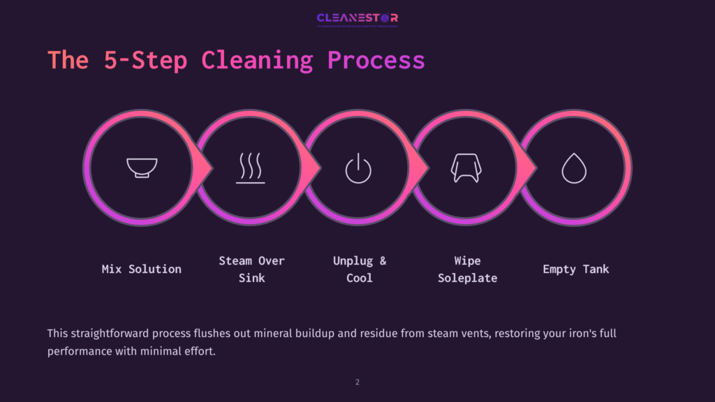 Infographic Illustrating The 5-Step Cleaning Process For An Iron: Mix Solution, Steam Over Sink, Unplug &Amp; Cool, Wipe Soleplate, Empty Tank. The Steps Are Depicted As Circular Icons With Gradient Pink And Purple Outlines On A Dark Background.